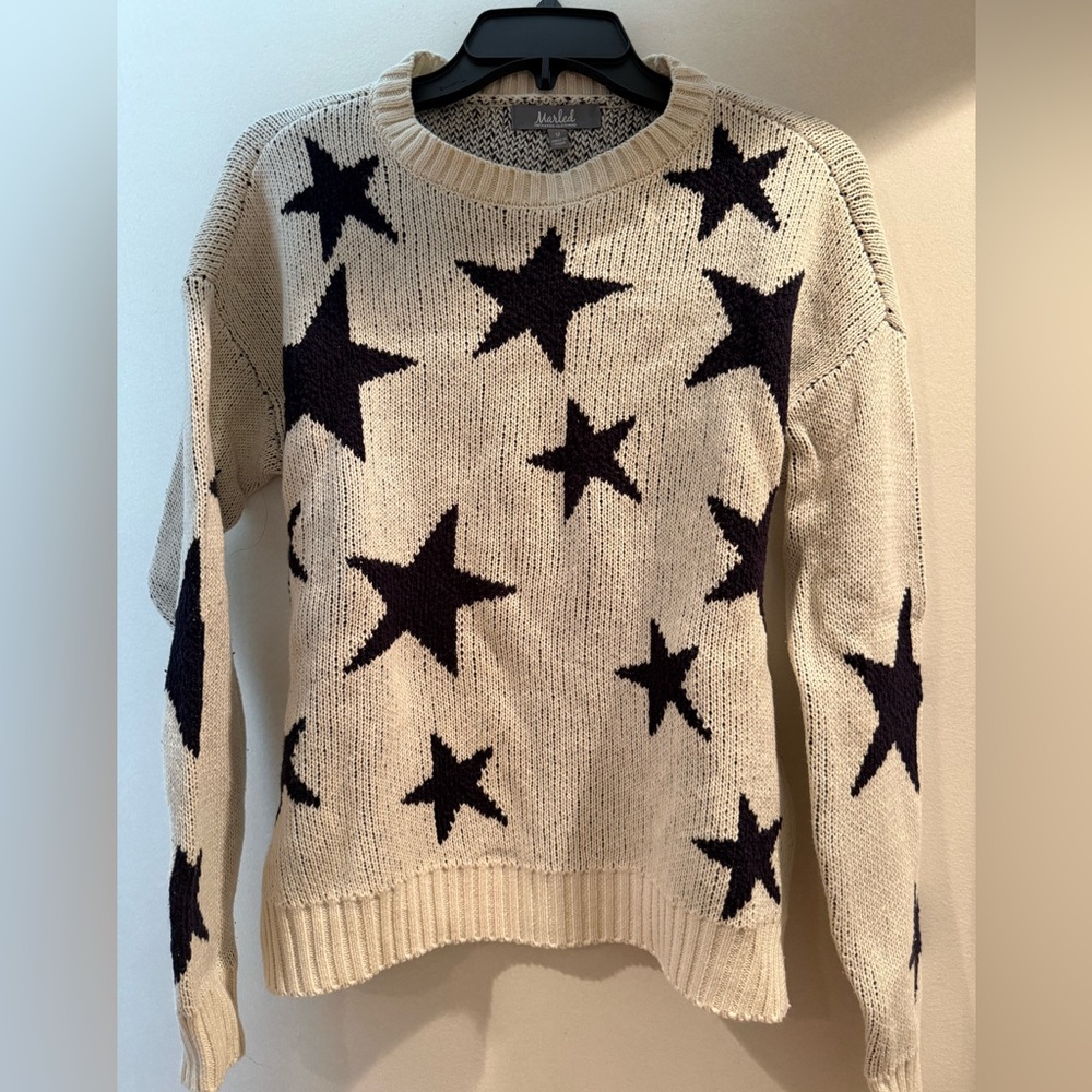 NBW Marled Cream and Navy Star Pattern Sweater